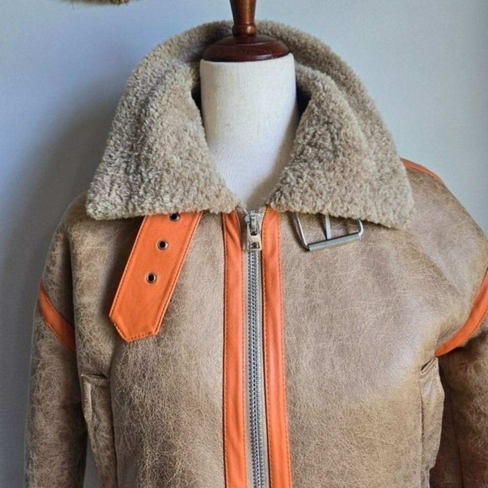 Urban Outfitters BDG August Tan Faux Leather Shearling Aviator Jacket SZ XS - Picture 4 of 15